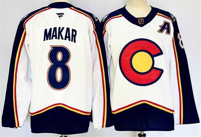 Men%27s Colorado Avalanche #8 Cale Makar White 2024-25 With A Patch Reverse Retro Stitched Jersey